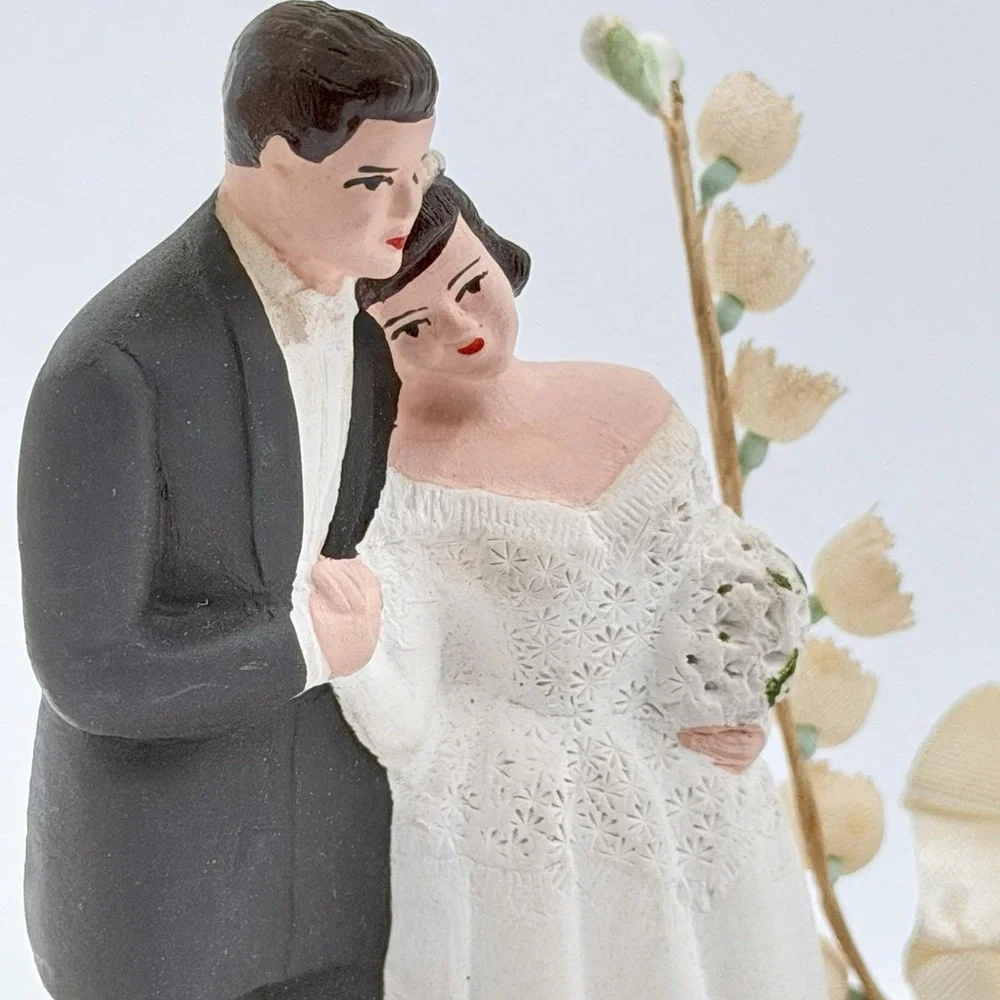 Vintage 1950s Wedding Cake Topper Bride and Groom Heart Mid Century Wedding